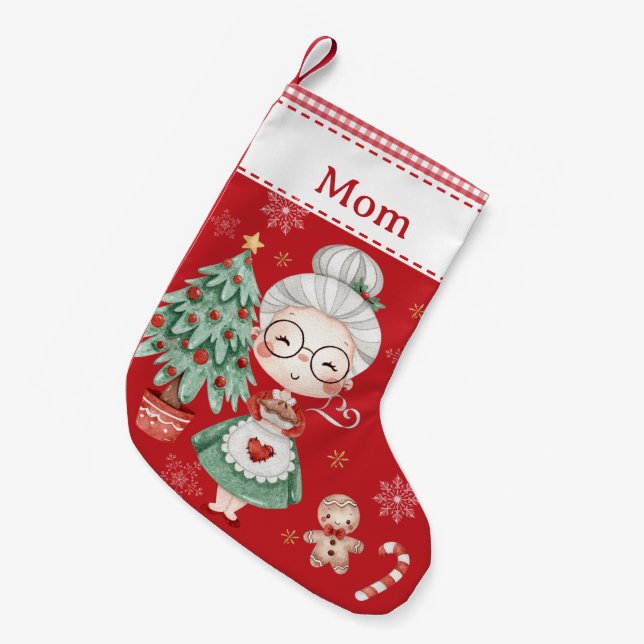 Cute Mrs Claus Tree Gingerbread Man Red Gingham  Small Christmas Stocking (Front (Hanging))