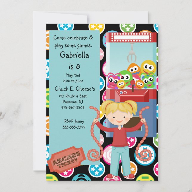 Cute, Multi Colour, Arcade Birthday Girl Invitatio Invitation (Front)
