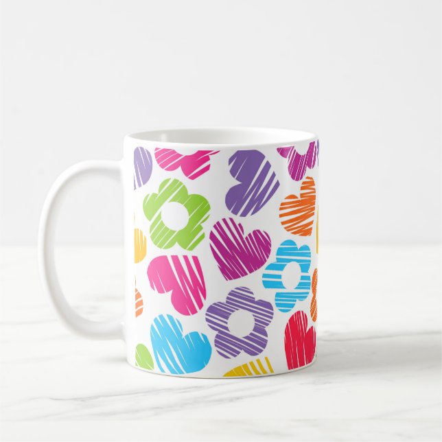 Cute multicolor flowers and hearts girly pattern   coffee mug (Left)