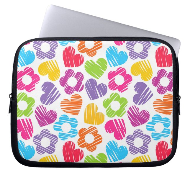 Cute multicolor flowers and hearts girly pattern   laptop sleeve (Front)