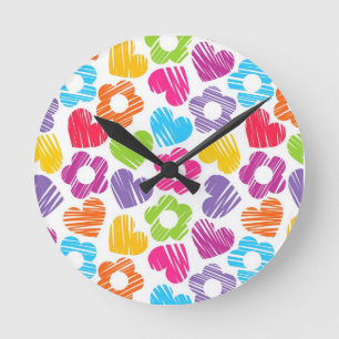 Cute multicolor flowers and hearts girly pattern   round clock