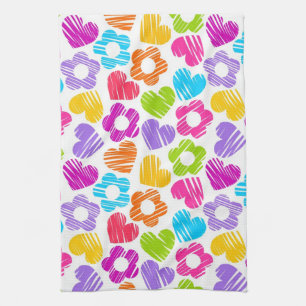 Cute multicolor flowers and hearts girly pattern   tea towel