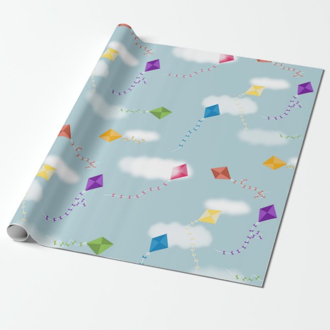 Cute Multicolored Flying Kites Kids Pattern Wrapping Paper (Unrolled)