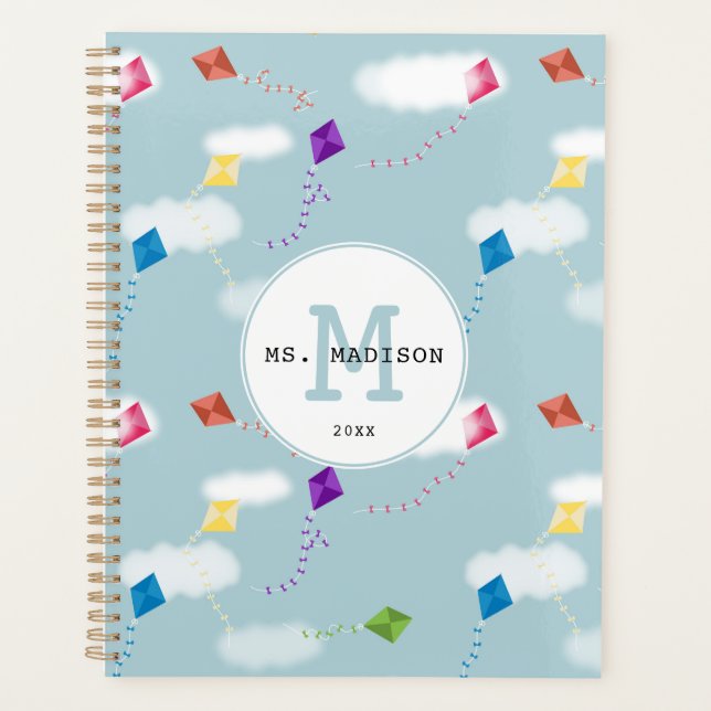 Cute Multicolored Flying Kites Teacher Monogram Planner (Front)