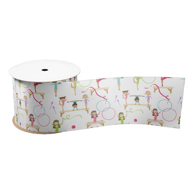 Cute Multicolored Gymnastics Kids Pattern Satin Ribbon (Spool)