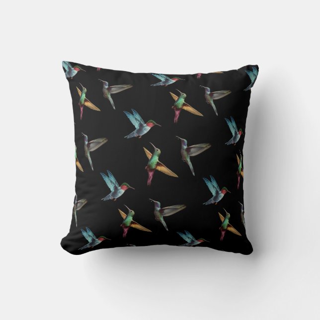Cute multicolored hummingbirds on black cushion (Front)