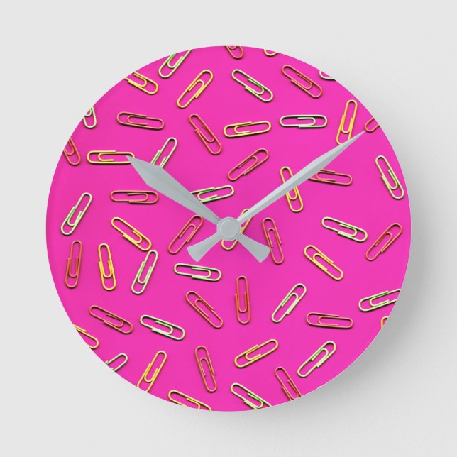 CUTE Multicolored Paper Clips on Pink Round Clock (Front)