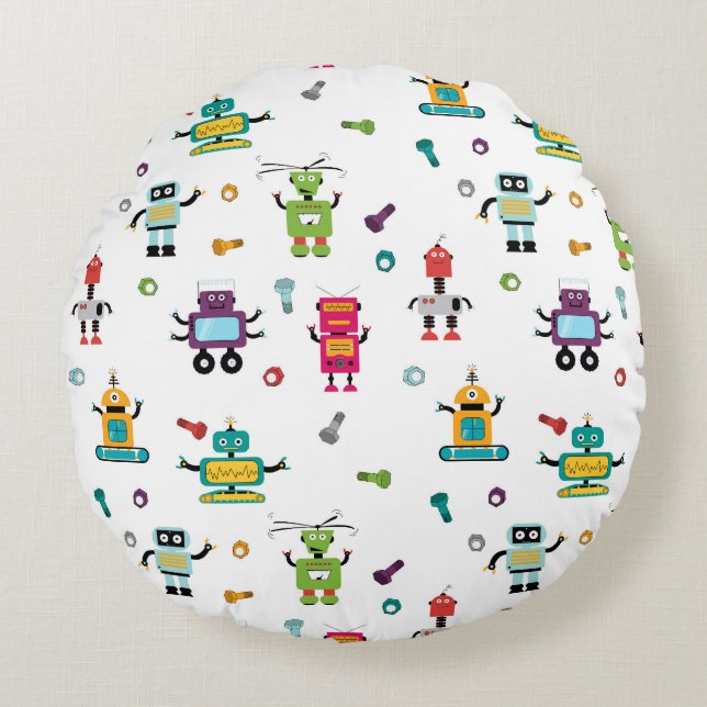 Cute Multicolored Robots Kids Robot Pattern Round Cushion (Front)