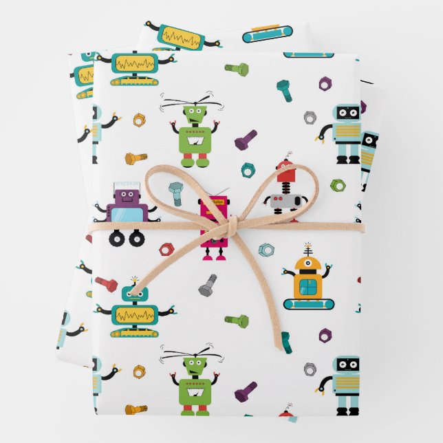 Cute Multicolored Robots Kids Robot Pattern Wrapping Paper Sheet (In situ)