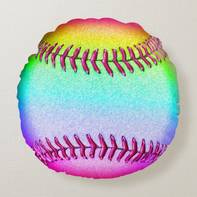 Cute Multicolored Round Softball Throw Pillow (Front)