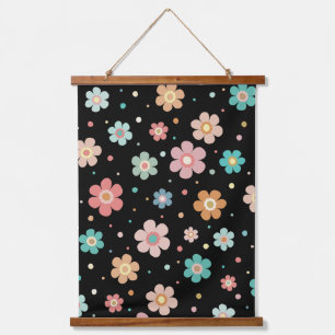 Cute Multicolour Flower Pattern On Black Hanging Tapestry