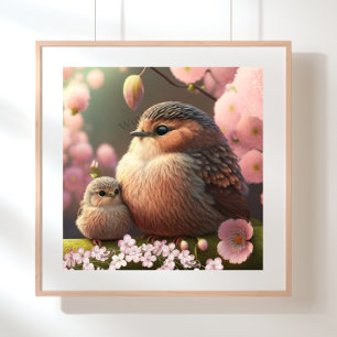 Cute Mum and Baby Bird on a Tree Pink Flowers Art Poster