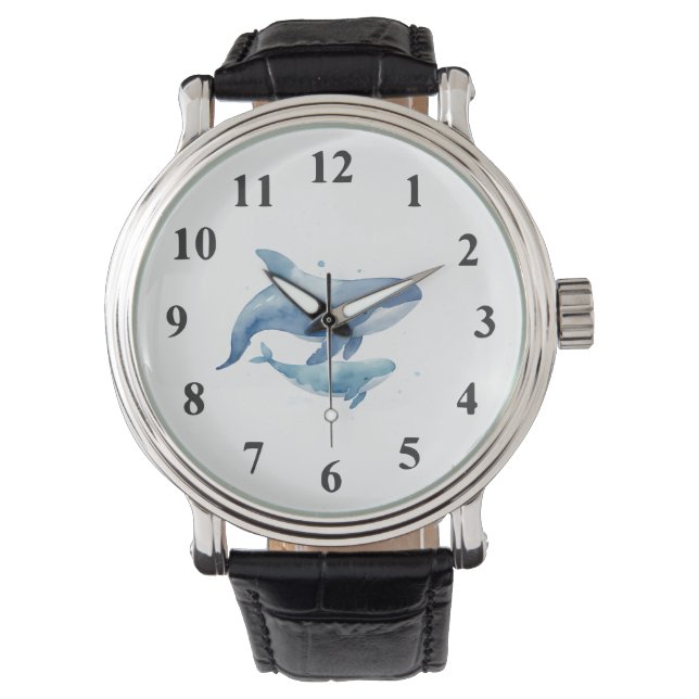 Cute Mum and Baby Blue Whale Watercolor Watch (Front)