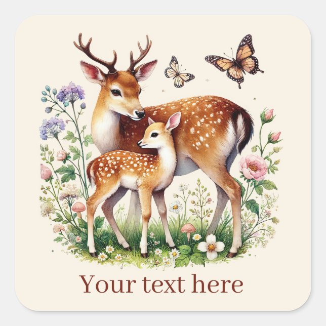 Cute Mum and baby deer add your message Square Sticker (Front)