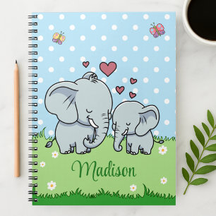 Cute Mum and Baby Elephant, Personalised  Notebook