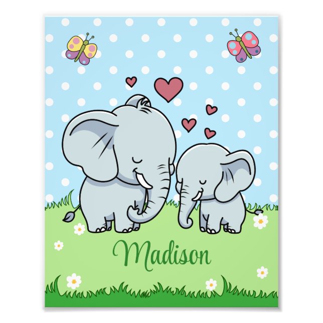 Cute Mum and Baby Elephant, Personalised  Photo Print (Front)