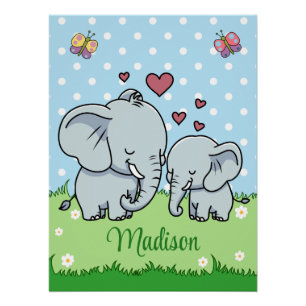 Cute Mum and Baby Elephant, Personalised  Poster