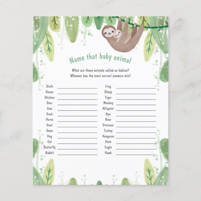 Cute mum and baby sloth name the baby animal game (Front)