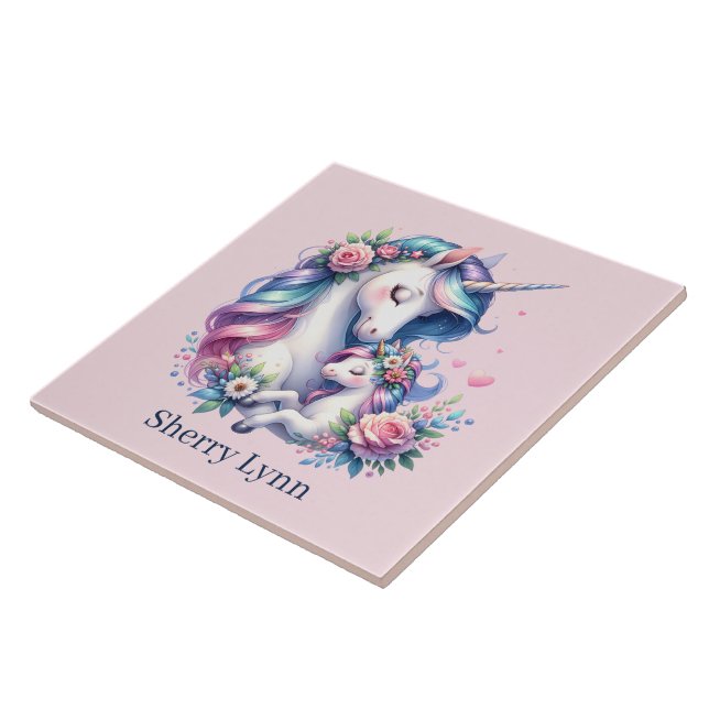 Cute Mum and baby unicorn  Tile (Side)