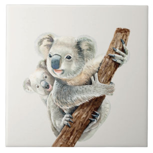Cute Mum and Baby watercolor Koala on light brown Tile