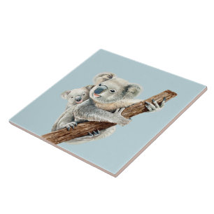 Cute Mum and Baby watercolor Koala on steel blue Tile