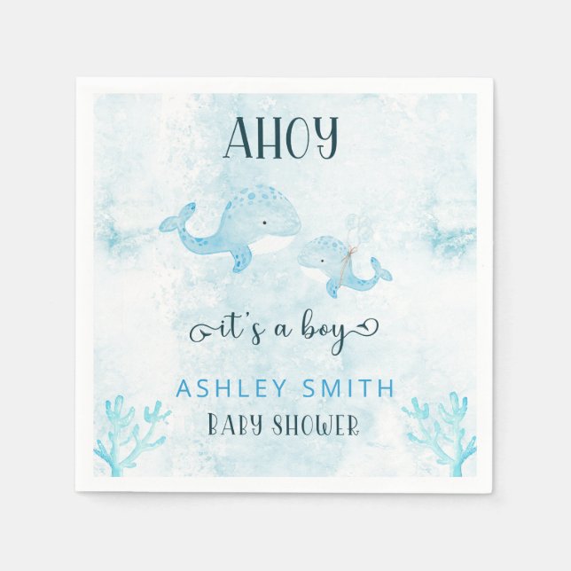 Cute Mum and baby whale Ahoy Boy baby shower  Napkin (Front)