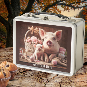 Cute Mum and Child Pig  Metal Lunch Box
