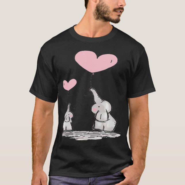 Cute Mum Baby Elephant Pink Heart Balloons T-Shirt (Front)