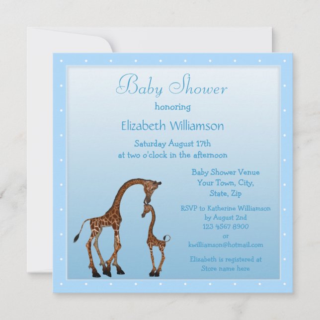 Cute Mum & Baby Giraffe Blue Baby Shower Invitation (Front)