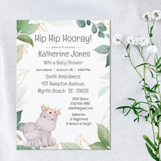 Cute Mum Baby Hippo Greeney Baby Shower Invitation