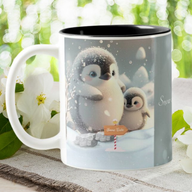 Cute Mum & Baby Penguin Snow Personalised Two-Tone Coffee Mug (Creator Uploaded)