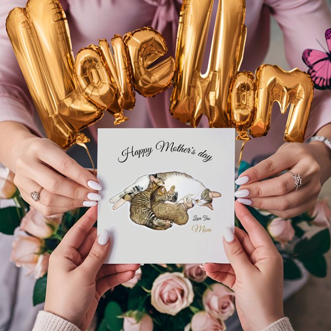 Cute Mum Cat nursing her little kittens Card (Cute Mother cat and kittens custom Holiday card. This Modern and Meaningful custom card full of love)
