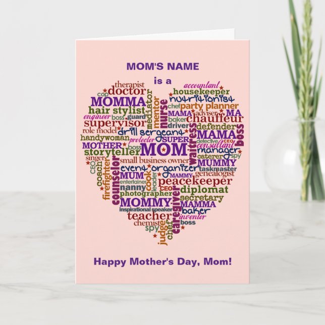 Cute Mum Mother's Day Word Art Heart Personalised Card (Front)