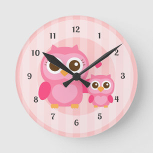 Cute Mummy and Baby Pink Owl, Girls Bedroom Round Clock