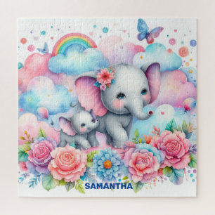 Cute mummy and her baby elephant rainbow spring jigsaw puzzle