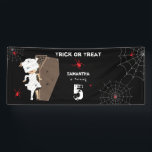 Cute Mummy Coffin Girl Halloween Birthday Party Banner<br><div class="desc">BOO! Don't get scared now. Cute scary Halloween girl mummy coming out of a casket with spiders. The perfect modern contemporary Halloween birthday party banner design ideal for a little girl's Halloween birthday party. Matching birthday invitation and party decor,  favours can be viewed in this collection.</div>