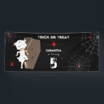 Cute Mummy Coffin Girl Halloween Birthday Party Banner<br><div class="desc">BOO! Don't get scared now. Cute scary Halloween girl mummy coming out of a casket with spiders. The perfect modern contemporary Halloween birthday party banner design ideal for a little girl's Halloween birthday party. Matching birthday invitation and party decor,  favours can be viewed in this collection.</div>