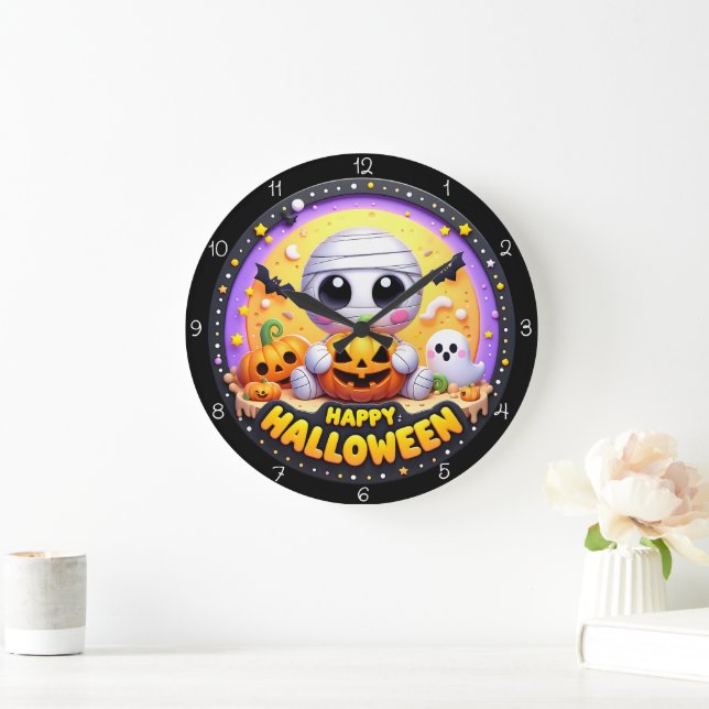 Cute Mummy Happy Halloween  Large Clock (Home)