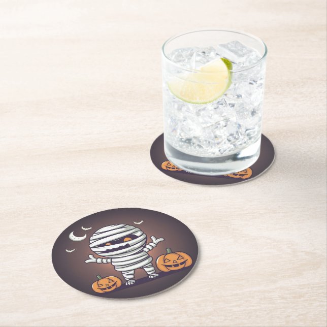 Cute Mummy Illustration Halloween Paper Coaster (Insitu)