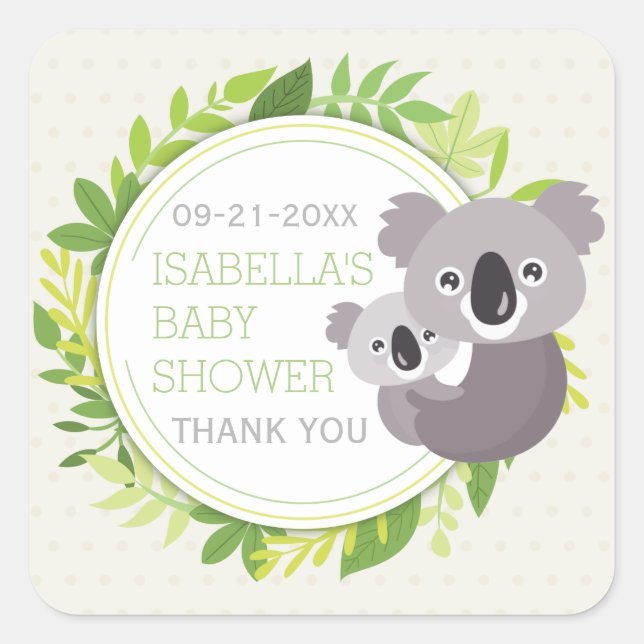 Cute Mummy Koala & Baby Koala Baby Shower Square Sticker (Front)