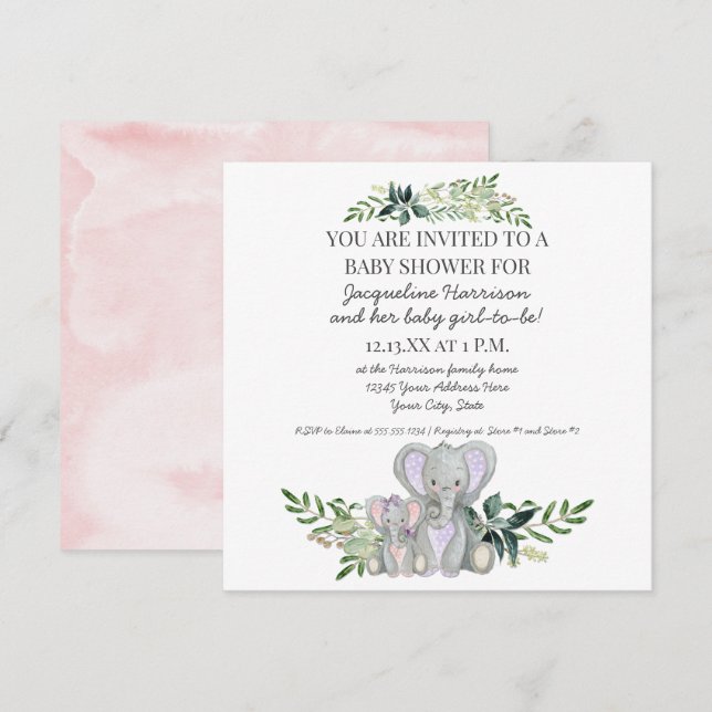 Cute Mummy n Baby Elephant w Foliage Girl Shower Invitation (Front/Back)