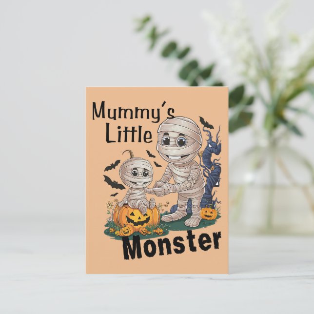 Cute Mummy’s Little Monster Funny Halloween Party Holiday Postcard (Standing Front)