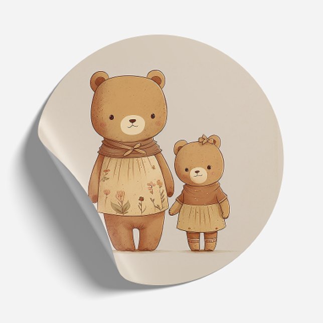 Cute Mummy Teddy Bear and Baby Bear. Mathers Day Classic Round Sticker (Creator Uploaded)