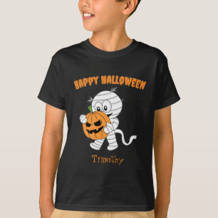 Cute Mummy Walking With Halloween Pumpkin Kid's T-Shirt