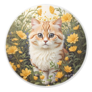 Cute Munchkin Cat And Buttercup Flowers Ceramic Knob