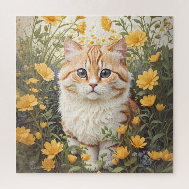 Cute Munchkin Cat And Buttercup Flowers Jigsaw Puzzle (Vertical)