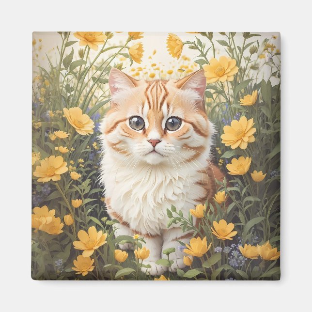 Cute Munchkin Cat And Buttercup Flowers Magnet (Front)
