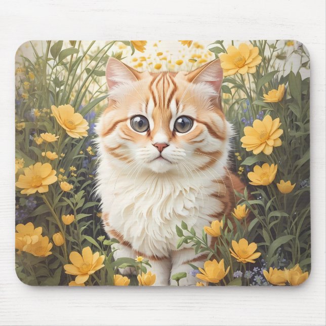 Cute Munchkin Cat And Buttercup Flowers Mouse Pad (Front)