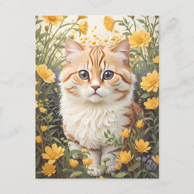 Cute Munchkin Cat And Buttercup Flowers Postcard (Front)