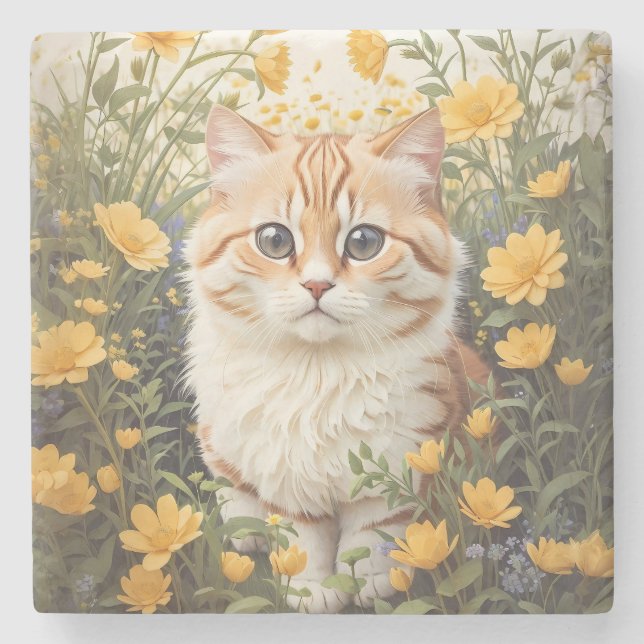 Cute Munchkin Cat And Buttercup Flowers Stone Coaster (Front)